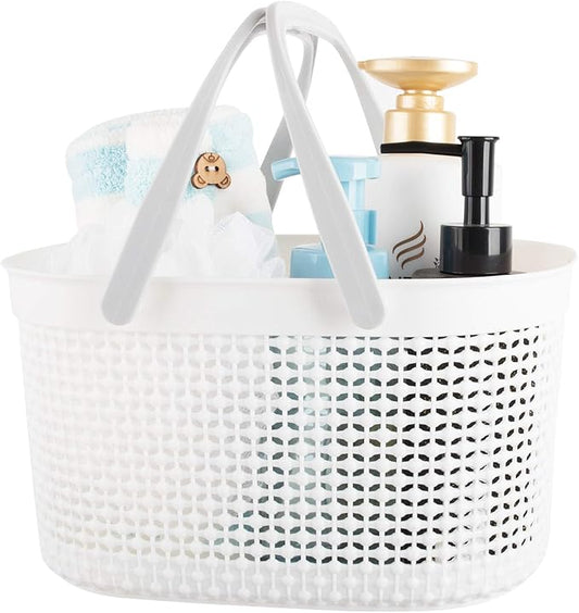 rejomiik Portable Plastic Shower Caddy Basket with Handles, White | Organizer Storage Tote Toiletry Bin for Bathroom, College Dorm Essentials, Kitchen, Camp, Gym