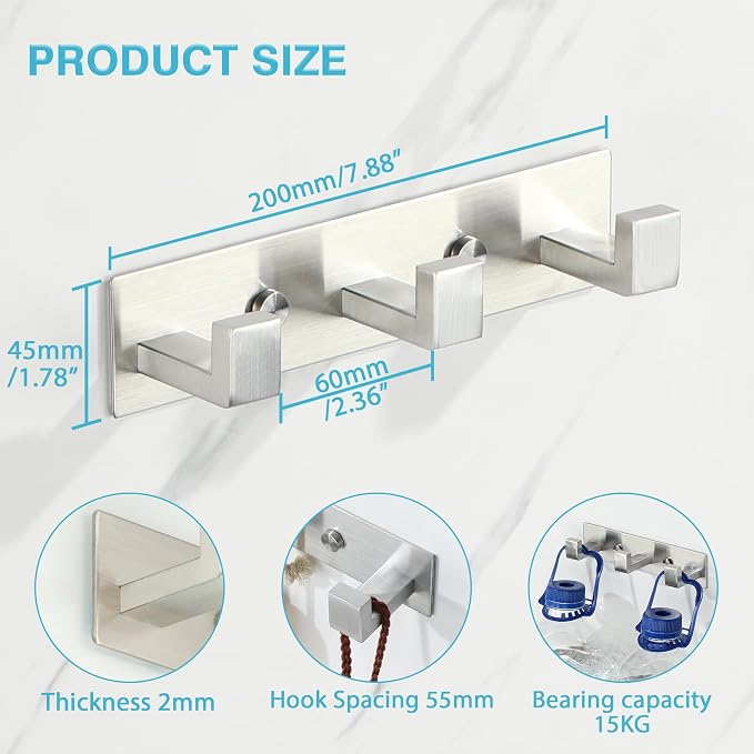 Alise Coat Hook Wall Mount Hat and Coat Rack 3 Hooks Wall Mount,Brushed | Key Hooks for Robes,Bags,Keys,and Towels,SUS304 Stainless Steel Wall Hooks for Hanging,Self Adhesive or Drilling