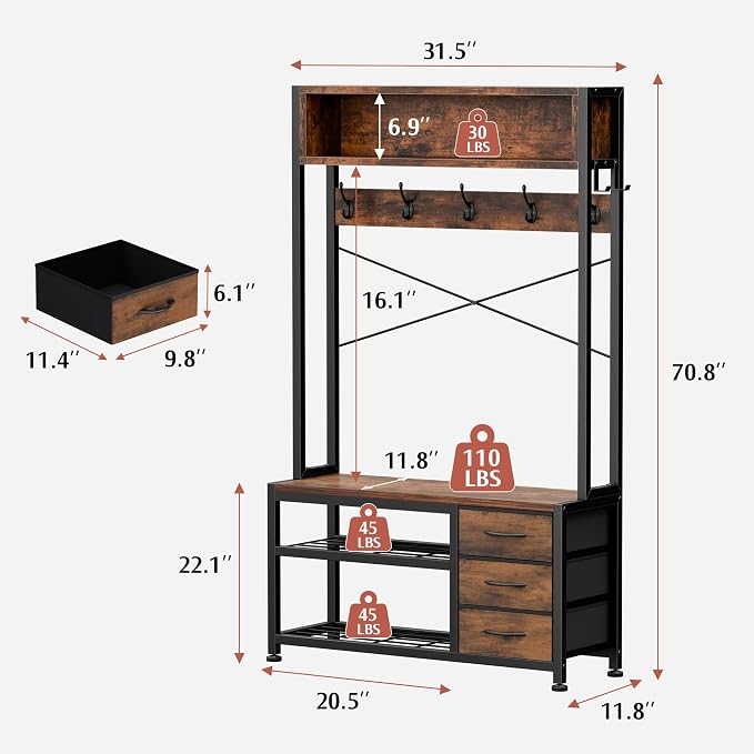 Hall Tree with Bench and 3 Drawers Storage, 31.5" Coat Rack Freestanding | Rustic Brown, 6-in-1, Top Cubby, 12 Coat Hooks, Adjustable Shoe Rack, Sturdy Metal Frame, Entryway Organizer