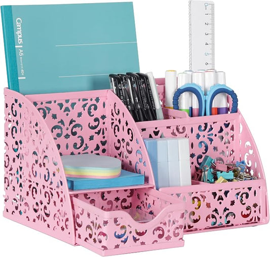 EasyPAG Desk Organizer and Pen Holder for Desk, Mesh Office Supplies Storage Caddy with Drawer for Small Space, Desktop Organizer for Home Office, Pink