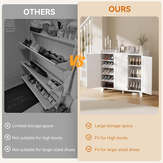 Shoe Storage Cabinet with 3 Doors and Adjustable Shelves，40 Inch Tall Farmhouse Flat-Shelf Wooden Shoe Cabinet，Shoe Rack Shoe Organizer Cabinet for Hallway Entryway Living Room （White）