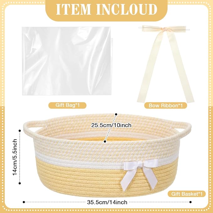 Colingmill 1 Set Woven Empty Basket for Gift,Light Yellow White | with Cellophane Wrap Set, 14 x 10 x 5.5 Inch, Medium Decorative Gift Basket, Cotton Rope Storage Box, Home Decor