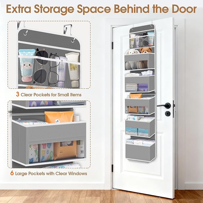Over The Door Organizer Storage behind Door Hanging Organizer for Nursery | 6 Tier, Detachable, Clear Window, Sturdy Construction, Space-Saving Storage for Closet, Bedroom, Bathroom & Nursery