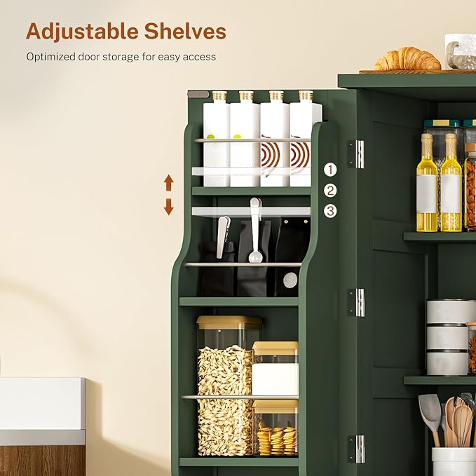 51" H Pantry Cabinet with 4 Doors, Kitchen Cabinet with 6 Door Shelves, Kitchen Pantry for Living Room, Dining Room, Bathroom, Green