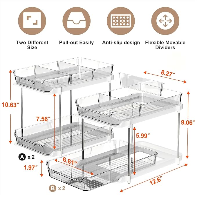 Delamu 2-Tier Multi-Purpose Bathroom Under Sink Organizers and Storage, Stackable Kitchen Pantry Organization, Pull Out Medicine Cabinet Organizer with Movable Dividers, Grey, 4 Pack