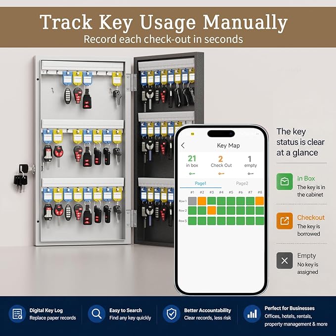 48 Key Lock Box Smart Key Organier Cabinet with Keypad & App for Office | Wall Mounted Lockbox use App, Custom & One Time Password, WiFi (Need W100 Bridge) Unlock for School, Office, Fleet, Hotel
