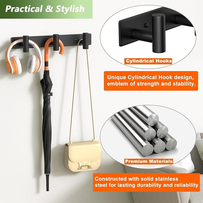 Coat Rack Wall Mounted-3 Hooks,Heavy Duty Stainless Steel Wall Hooks for Towel Coat Bag, Hat Rack Coat Hanger Coat Hooks Towel Racks for Bathroom Entryway Kitchen Hotel Office (Black, 2 Packs)
