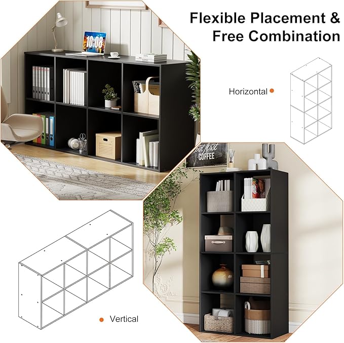 Sweetcrispy 8 Cube Storage Organizer, Stackable Modular Bookcase Shelf | Vertical or Horizontal Use, Fits 11×11" Bins, Removable Back Panels, for Living Room, Office, Entrance Black Wood