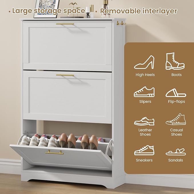 Modern Luxury Shoe Cabinet Organizer with 3 Flip Drawers,31.5" W，White | Freestanding shoe storage cabinet for entryway,foyer and hallway,space-saving flip drawers,Adjustable Shelves & 2 Hooks