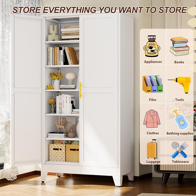 79" White Metal Storage Cabinet with 2 Doors and 5 Adjustable Shelves,Steel Garage Tool Cabinet, File Cabinet,Kitchen Pantry Cabinet for Home,Office,Garage,School,Warehouse