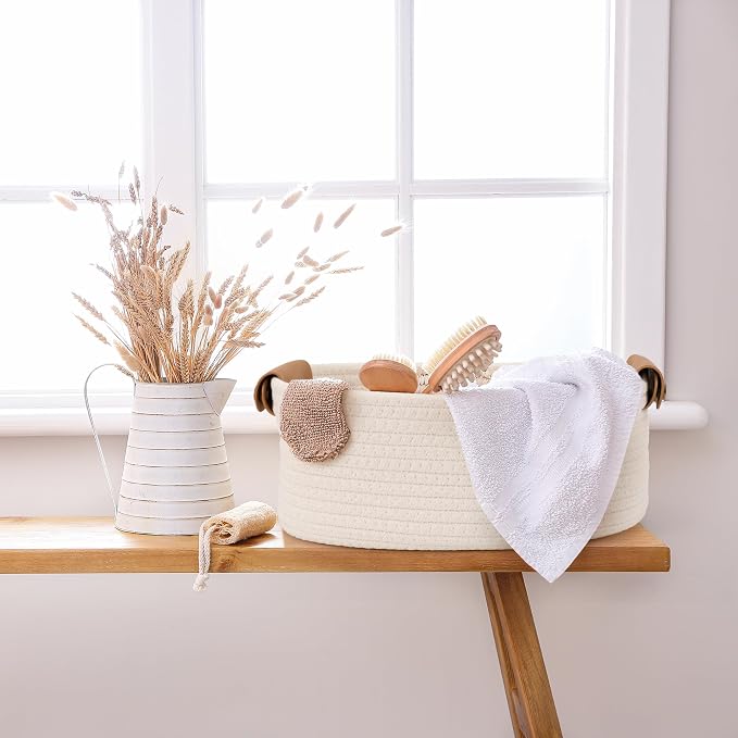 Beautiful Storage Basket Set of 5 - Sturdy Cotton Rope Baskets for Shelves Are Perfect for Organizing Your Home - Quality Storage Bins Easily Fit With Any Nursery or Bedroom Decor