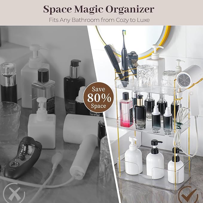 Aveniee Bathroom Counter Organizer Countertop, 3 Tier Makeup Perfume Storage with Hair Dryer Rack and Toothbrush Holder, Cosmetic Tray for Vanity - Clear