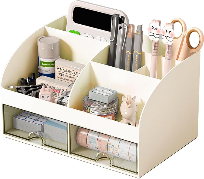 COMFYROOM Desk Organizer with 6 Compartments and 2 Drawers, Plastic Makeup Organizer, Pen Holder for Desktop Storage, Desk Organization for School, Home, Office Supplies (Ivory)