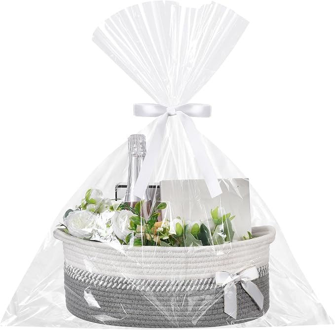Colingmill 1 Set Woven Empty Basket for Gift,Gray White | with Cellophane Wrap Set, 14 x 10 x 5.5 Inch, Medium Decorative Gift Basket, Cotton Rope Storage Box, Home Decor