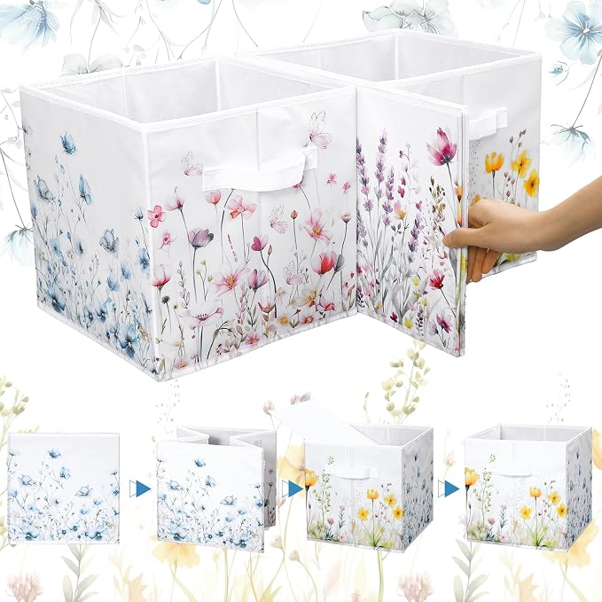 6 Pcs WildFlower Cube Storage Bins 11 Inch White Storage Basket with Handle, Preppy Girls Organizer Basket, Collapsible Fabric Box for Classroom Bedrooms