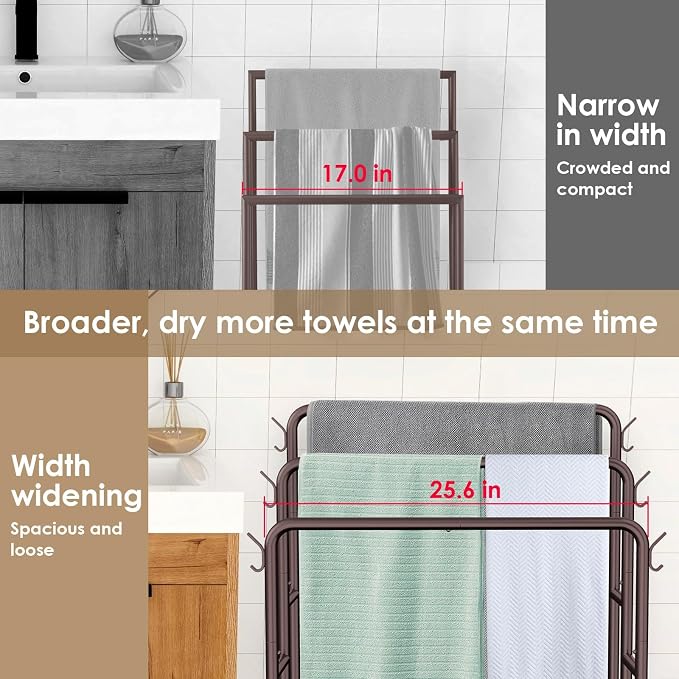 Kayfia 40'' Freestanding 3 Tier Metal Towel Rack, 2 Baskets & 6 Hooks | Dual-Use Drying & Display Rack, Holds Oversized Bath Towels & Blankets, fits Indoor, Bathroom, Bedroom & Outdoor, Bronze