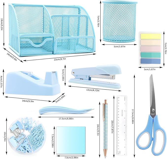 12 in 1 Blue Desk Organizers & Office Supplies Set for Office Home School | Blue Office Supplies for Coworkers Students, Include Stapler, Pen Holder, Tape Holder, Scissors, Ruler, Staple Remover