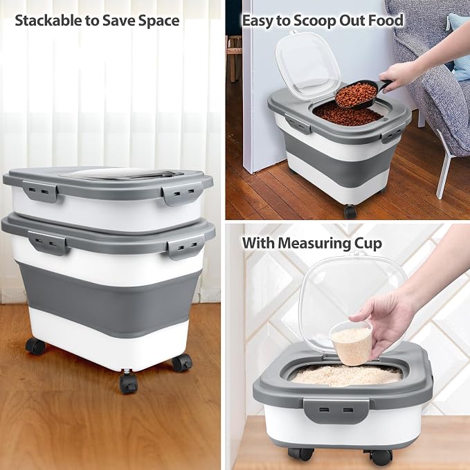 Viretec Dog Food Storage Container, 10-20Lbs Collapsible Pet Food Storage Containers with Rolling Wheel Airtight Locking Lid, Dry Food Storage Bin with Cup and Scoop,Suitable for Pet Food, Rice, Flour