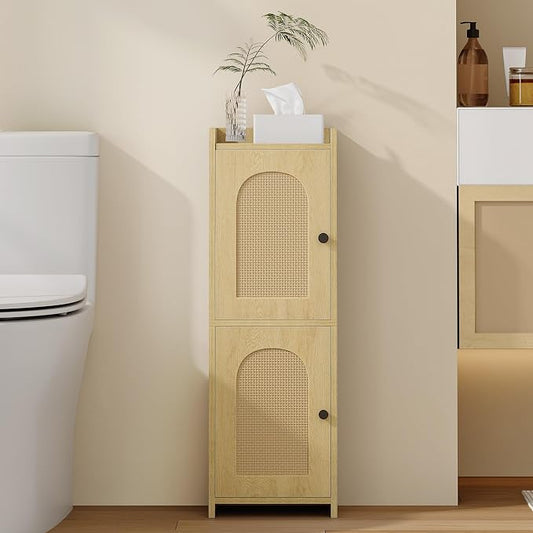 Hzuaneri Bathroom Storage Cabinet, Small Corner Floor Cabinet with 2 Doors | Narrow Toilet Paper Cabinets with Adjustable Shelf, Bathroom Organizer for Small Spaces, 7.9"D x 9.8"W x 29.5"H Rattan Yellow