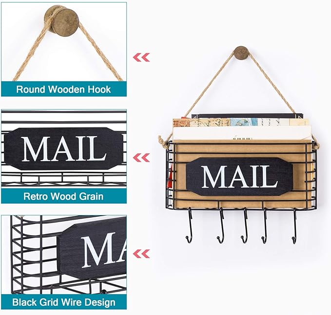 SRIWATANA Rustic Mail Organizer Wall Mount, 5 Key Hooks, Small Size, Black | Mail Holder Key Holder for Wall, Hanging Mail Sorter, Letter Basket for Receipts Bills Envelopes, Home & Office Organizer