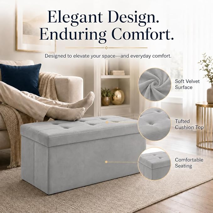 ALASDO 30 Inch Folding Storage Ottoman Bench with Hidden Storage, Velvet Storage Ottoman Foot Rest Stool, End of Bed Bench for Bedroom, Living Room, Entryway and Closet, Dark Gray
