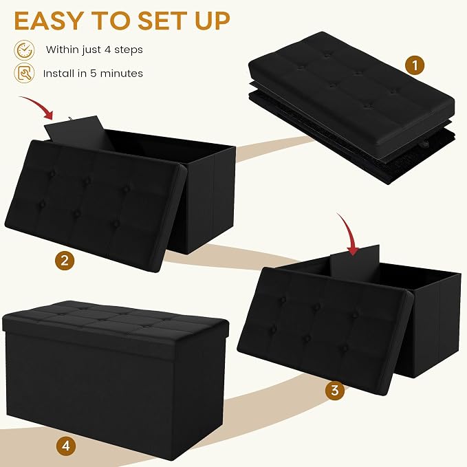 KROFEM 31.5" Folding Storage Ottoman Bench,Rectangle Foot Rest Stool for Living Room and Bedroom Holds 660 lbs,Synthetic Leather,Black