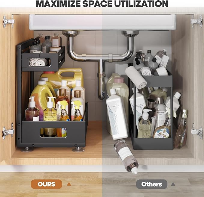 2 Pack Under Sink Organizer,Pull Out Cabinet Organizer with Smooth Cylindrical Rail,Metal Slide Out Drawer for Kitchen Bathroom Laundry Cabinet,8-Level Tool Free Height Adjustable-Black