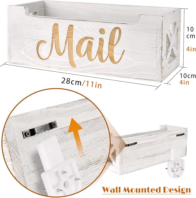 Wooden Mail Organizer Countertop | White Finsh Mail Holder for Wall | Rustic Desk Mail Sorter Basket Letter Holder for Home Office Entryway Decor