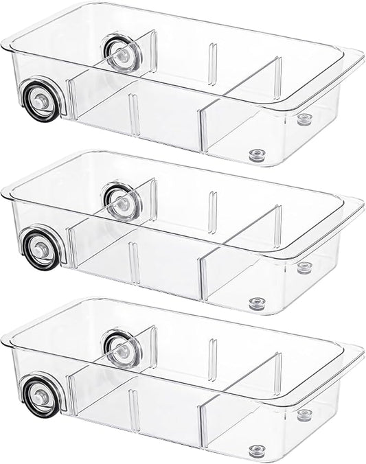 LXLXXL Fridge Organizer and Storage Drawer Rolling Refrigerator Bins,3 Pack | Silicone Wheels,3 Pack Adjustable Dividers,Easy to Clean,Organizer for Fridge,Pantry,Bathroom and Cabinet Organization