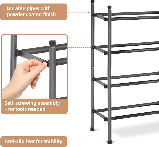 STORAGE MANIAC Expandable Shoe Rack, 16 Pairs Stackable Small Shoe Rack, Metal Adjustable Shoes Organizer for Closet, Entryway, Hallway, Garage, Front Door, Shoes Shelves, Black 4 Tier