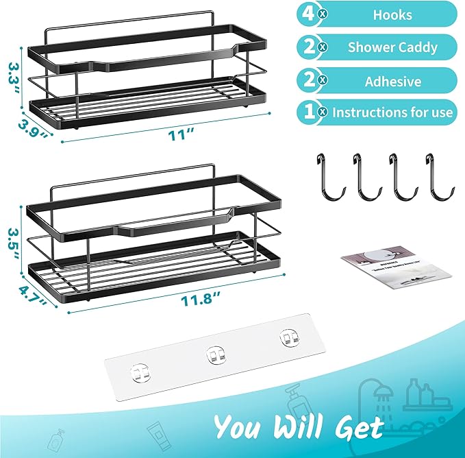 Moforoco Shower Caddy Shelf Organizer Rack, Self Adhesive Black Bathroom Shelves Basket, Home Farmhouse Wall Inside Organization and Storage Decor Rv Accessories, First Camper Apartment Essentials