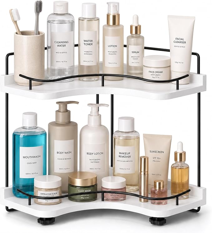 2-Tier Bathroom Counter Organizer, Solid Wood Corner Shelf for Vanity Countertop, Skincare & Makeup Storage Organizer with Metal Frame, Kitchen Counter Storage, White