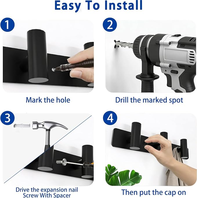 Matte Black Coat Rack Wall Mount - 3 Hooks, Heavy Duty Stainless Steel Wall Hooks for Towels, Coats, Robes, Bags, Hats, Keys, Wall Coat Hanger for Bathroom, Entryway, Kitchen, Hotel, Bedroom, Office