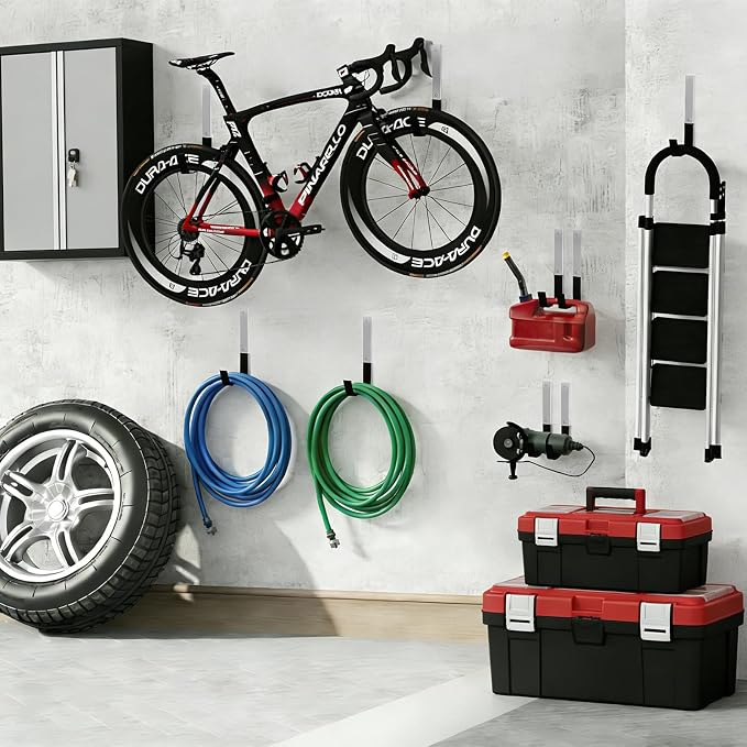 GeeWatom Heavy Duty Steel Garage Hooks,Garage Storage Utility Hooks,Anti-Slip Garage Hooks,Garage Garden Tool Organizer,Steel Wall Mount Hooks, Garden Hose Hanger, Black J Hooks (Large-4PC)