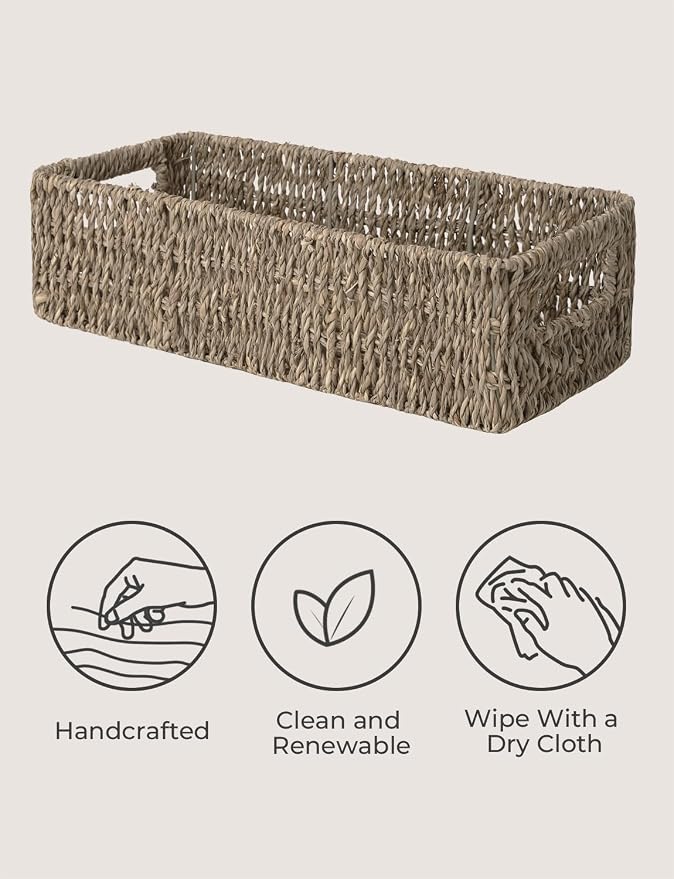StorageWorks Wicker Seagrass Baskets, Toilet Basket Tank Topper | Small Toilet Tank Basket with Built-in Handles, Bathroom Basket Organizer and Storage for Bathroom Decor