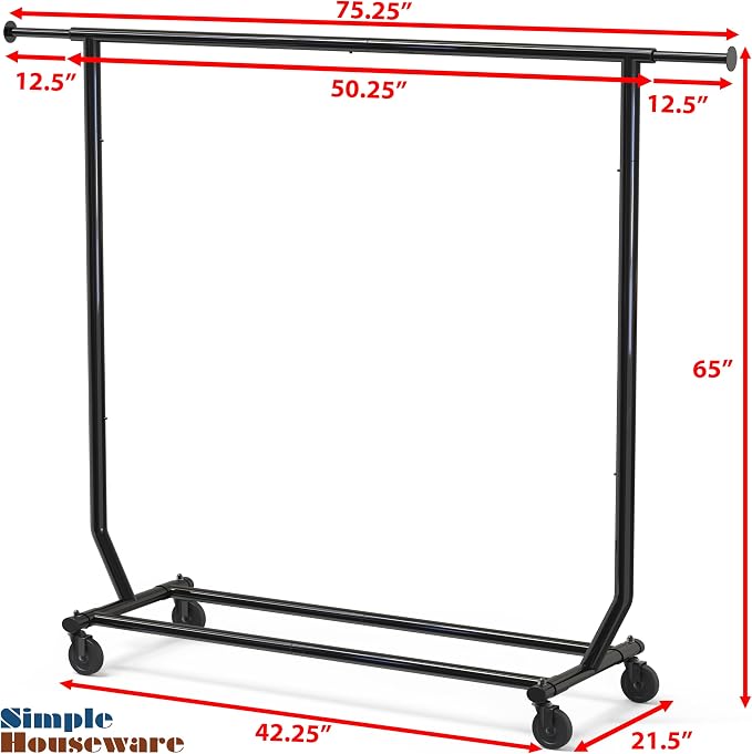 Simple Houseware Supreme Commercial Grade Clothing Garment Rack, Black | Holds Up to 250 lbs, Extendable Width from 50.25 to 75.25 Inches