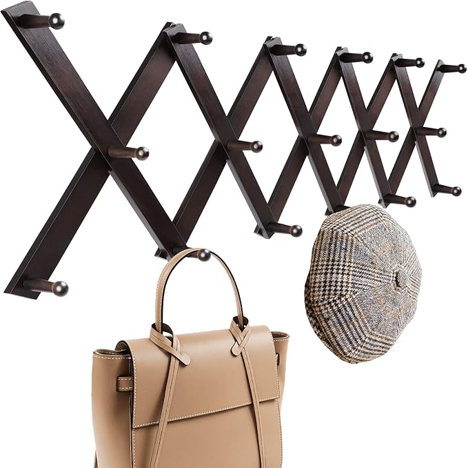 Accordion Wall Hanger, Hat Hangers Wall Mounted, Wood Accordian Coat Rack with 17 Hooks, Expandable Peg Rack Wall Organizer for Hanging Baseball Caps, Hats, Purse, Coffee Cup, Bag, Walnut