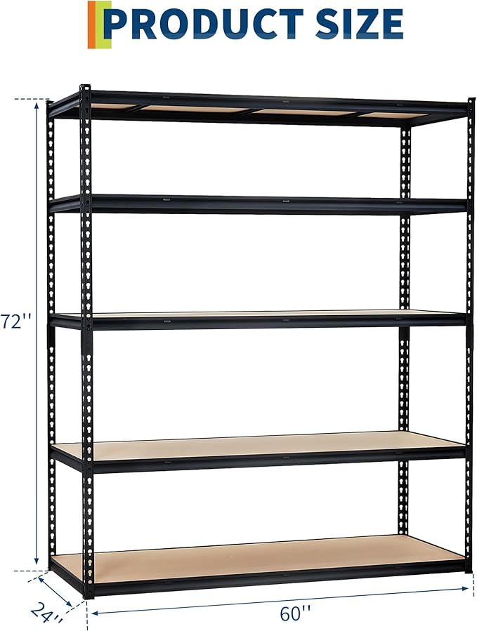 PeakPursuit Storage Shelving Unit, 5-Tier Adjustable Metal Storage Shelves, 60" L x 24" W x 72" H Heavy Duty Garage Storage Shelves for Kitchen Pantry Basement Bathroom Laundry