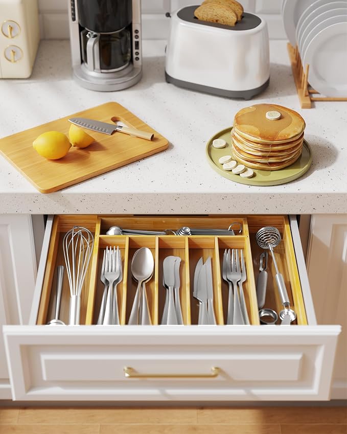Kitsure Silverware Organizer, Bamboo Kitchen Drawer Tray, Natural, Large | Expandable Drawer Kitchen Organizer, Cooking Utensils & Cutlery, Sturdy & Thickened Design, Storage Solution
