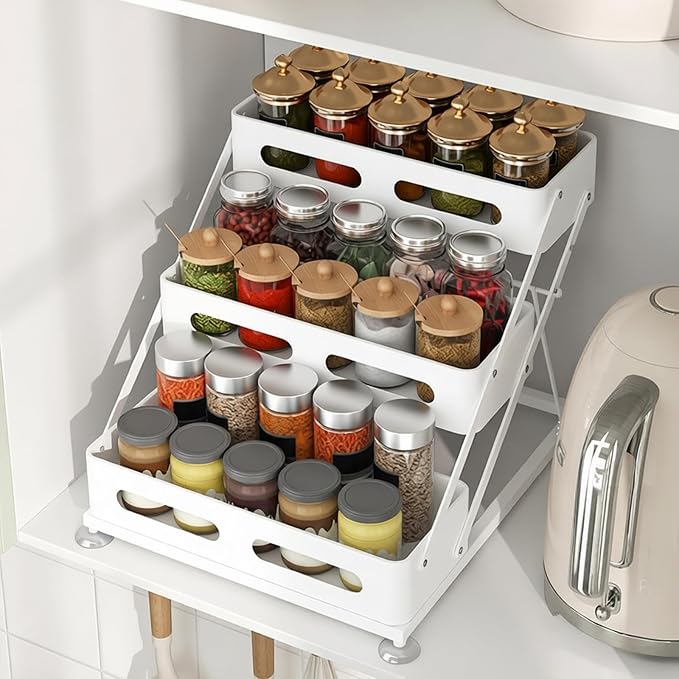 Ceetug 3 Tier Foldable Spice Rack, White | Iron, For Countertop, Kitchen Seasoning Organizer, For Cabinet