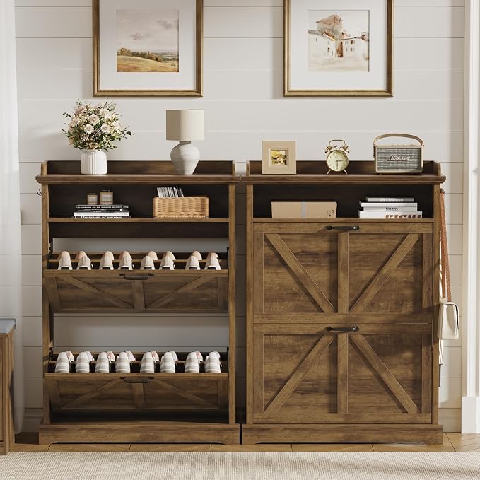Farmhouse Shoe Cabinet with 2 Flip Drawers & Open Storage ,31.5" W Walnut | Freestanding shoe cabinet with flip drawers ,Brown design and space-saving storage for entryway,foyer & hallway