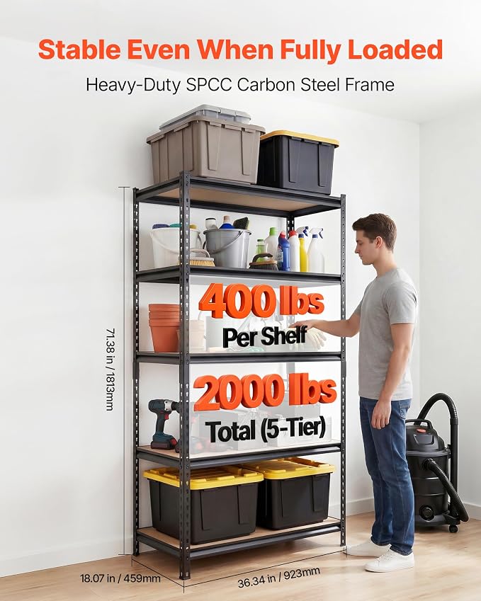 VEVOR Storage Shelves, 5-Tier Adjustable, 2000 lbs Capacity, Heavy Duty Garage Storage Shelving Unit, Metal Utility Rack Shelf, for Garage Warehouse Basement Kitchen, 36.34" W x 18.07" D x 71.38" H