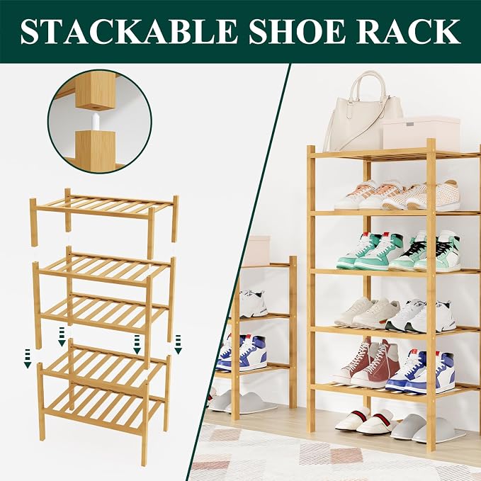 Smiry Bamboo Shoe Rack, 12 Vertical Slats, 5 Tier - 17.3" Wide, Natural | Stackable Free Standing Wooden Shoe Organizer, Wood Shoe Storage Shelf for Closet, Entryway