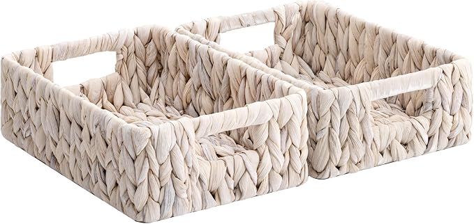 StorageWorks Wicker Baskets for Storage, Water Hyacinth Storage Baskets for Organizing, Wicker Storage Baskets for Shelves, White, 11¼" x 7½" x 3½", 2-Pack