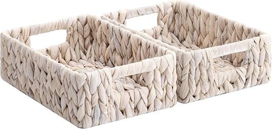 StorageWorks Wicker Baskets for Storage, Water Hyacinth Storage Baskets for Organizing, Wicker Storage Baskets for Shelves, White, 11¼" x 7½" x 3½", 2-Pack