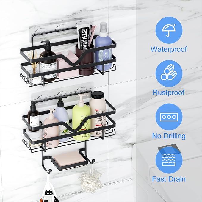 Adhesive Shower Caddy No Drilling Bathroom Organizers, 3 Pack | Self Adhesive Shelf Organizer Rack, Rustproof Shower Storage Rack with Soap Dish, Side Hooks, Large Capacity Bathroom Storage