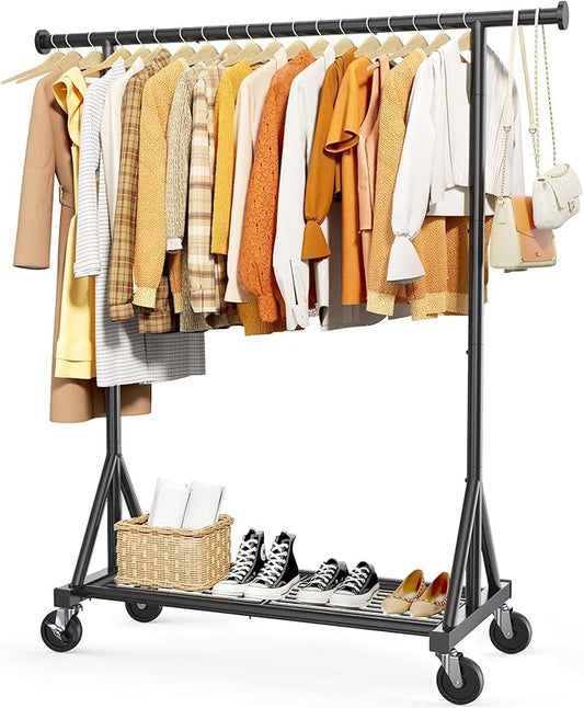 Sakugi Heavy Duty Stainless Steel Rolling Clothes Rack with Mesh Shelf, Lockable Wheels & Anti-Slip Stoppers, Large Capacity Clothing Organizer for Bedroom, Laundry Room, 42.5" x 16.5" x 65.9", Black