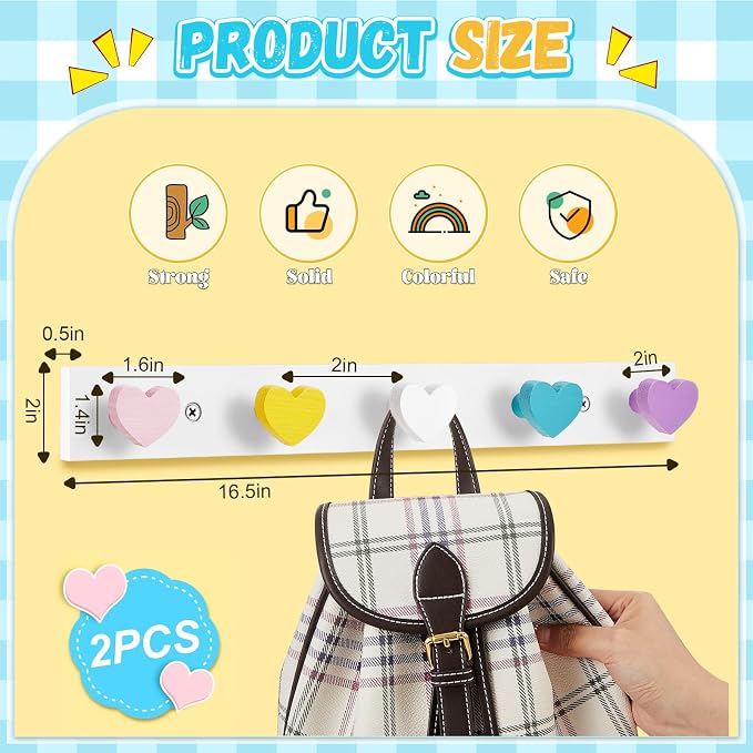 Maitys 2 Pcs Kids Coat Rack Wall Mount Kids Wall Hooks Rainbow Coat Rack Hooks for Boys Girls Toddler Cute Bathroom Decor Colorful Backpack Hanger Supplies for Clothes Hat Towel in Bedroom(Heart)