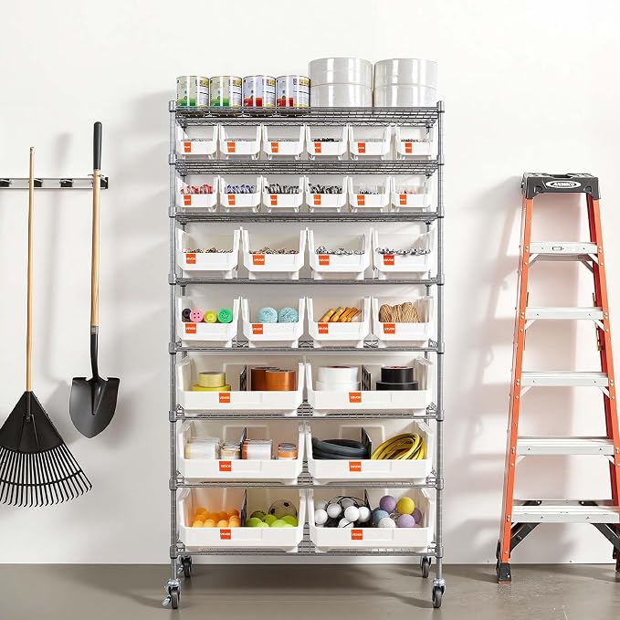 VEVOR 8-Tier Rolling Bin Storage Rack, 26 Organizer Bins, Bin Rack Storage Steel Wire Shelving System with Wheels, Mobile Tool Organizer for Garage, Warehouse, Office, Restaurant, Classroom, Kitchen