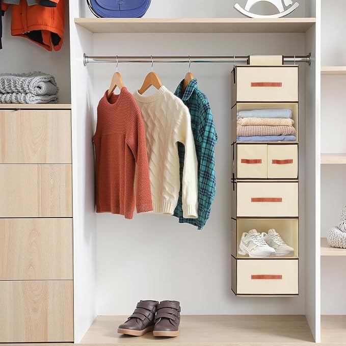 Hanging Closet Organizer 6-Shelf, Upgrade Closet Organizers and Storage with 5 Removable Drawers & 4 Side Pockets, Hanging Shelf Organizer for Closet or Garment Rack, 12.6'' x 12.6'' x 44.1'', Beige